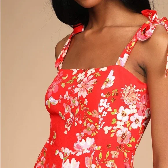 Red Floral Print Tie-Strap Jumpsuit - Picture 3 of 4